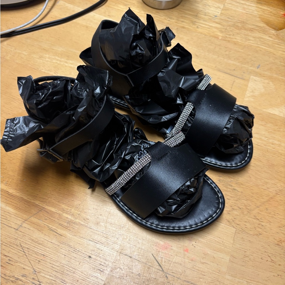 Black Rhinestone Strap Flat Sandals